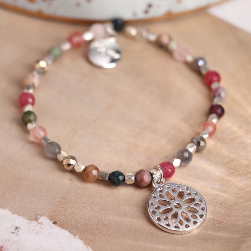 Mixed Pink Bead and Silver Plated Mandala Bracelet by Peace of Mind